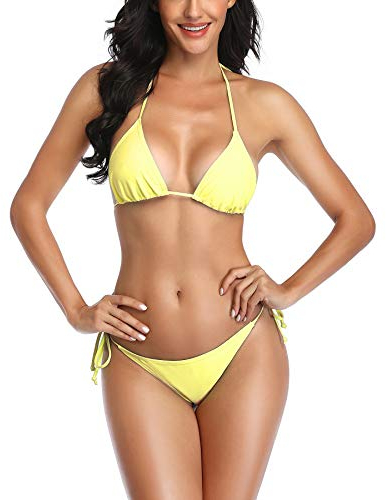 SHERRYLO Tanga-Bikini, zweiteiliger Badeanzug für Damen, Triangel-Top, brasilianisches Unterteil, Größe S-XL - Gelb - 36