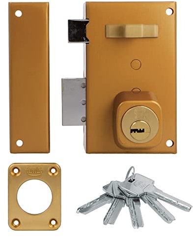 Amig - Cerradura de Sobreponer de Izquierda con Palanca de Cierre, Lengüeta y Tirador para Puertas de Madera Mod. 75, 67 x 112 mm, Cilindro Redondo de Seguridad, Acero Dorado