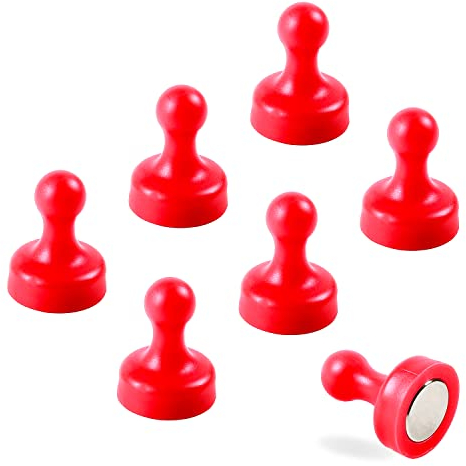 7 x Extra Strong Magnetic Push Pins Neodymium Magnets - Perfect for Maps, Whiteboards, Memos, Fridges, Homes, Schools and Offices [Assorted Colours] (Red, Large (7 Pins))