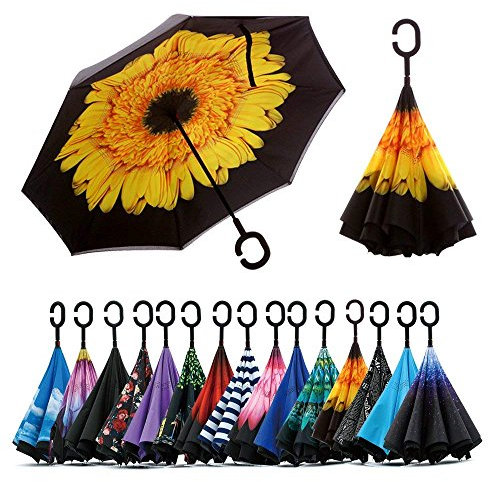 Jooayou Umdrehbarer Regenschirm mit 2 Flächen, C-förmiger Griff, rückseitig faltbarer Regenschirm, Anti-UV, winddicht, Reise-Regenschirm mit Tragetasche, damen, sonnenblume
