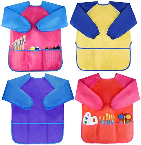 Amaza 4Pcs Kids Painting Aprons with Sleeves and 3 Pockets for Age 2-8 Years, Waterproof Children's Painting Smocks, Toddler Painting Apron, Kids Painting Smock (Yellow & Pink & Blue & Red)
