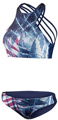 Beco Baby Carrier BECO Damen Sportlicher High Neck Schnitt mit Gekreuzten Spaghettiträgern, Herausnehmbare Pads, A und B Cup Bikini Set, mehrfarbig (marine/Bunt), 32
