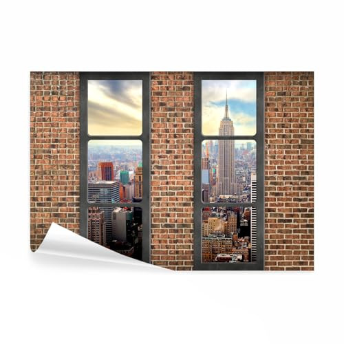decomonkey Fototapete New York, 350x256 cm, XL, Skyline Stadt Ziegel Muster | Ziegelmauer, Fenster, Tapete, Wandbild, Bild, Fototapeten, Tapeten, Wandtapete
