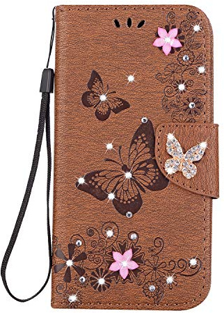 Mo-Somnus For iPhone XR Case [Free Tempered Glass Screen Protector], Bling Sparkly Diamonds Gems Butterfly Design PU Leather Flip Wallet Case Cover For iPhone XR (2018) - 6.1 (Brown)