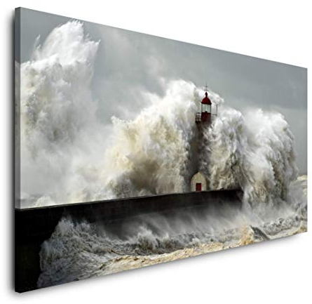 Sturm und Leuchtturm 120x 60cm Panorama Leinwand Bild XXL Format Wandbilder Wohnzimmer Wohnung Deko Kunstdrucke