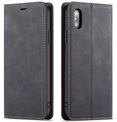 EYZUTAK Hülle für iPhone XR, Magnetverschluss Premium PU Leder Flip Case mit Kartenfächern Brieftasche Standfuntion stoßfeste Silikonhülle Retro Ledertasche - Schwarz