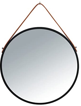 WENKO Wandspiegel Mod. Borrone rund, Spiegel mit schwarzem Metall-Rahmen und Aufhänge-Gurt, Dekospiegel im Vintage Design, Glas/Metall, Ø 40 cm, Schwarz
