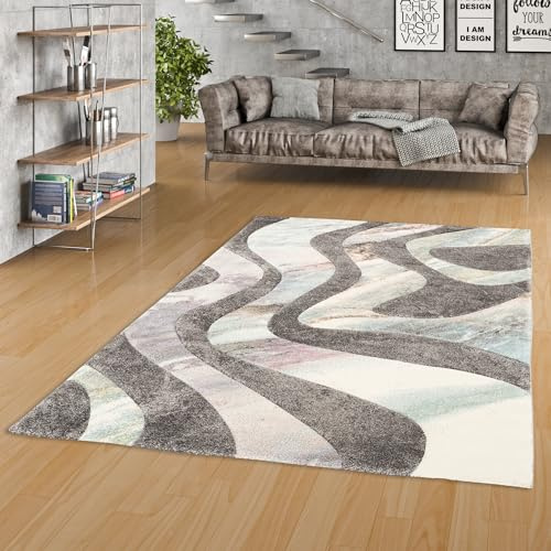 Pergamon Kurzflor Wohnzimmer Designer Teppich Maui Pastell Wellen Grau Rosa in 5 Größen