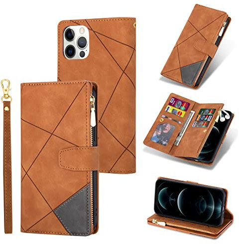 UEEBAI Wallet Case for iPhone 13 Pro 6.1 inch, Vintage Premium PU Leather Cover Flip Case with Card Slots Magnetic Closure Zipper Pocket Kickstand Handbag with Hand Strap - Splice Brown