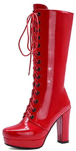 MJIASIAWA Damen Lack Blockabsatz Plateau Mode Party Motorradstiefel Abend Warm Chunky Schnüren Winter Reißverschluss Hohe Stiefel Rot Gr 35 Eu