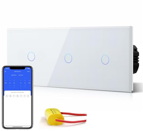 BSEED Dreifach Smart Alexa Wlan Lichtschalter Ohne Neutralleiter, WIfI Touch Schalter aus Glas, Alexa und Google Home Work mit Tuya, 1 Fach+1 Fach+1 Fach 228mm Weiß