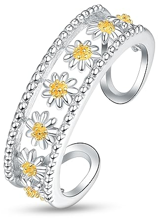 KINGWHYTE Ring Gänseblümchen Silber 925 Damen Blumenring Einstellbar Gänseblümchen Ringe Daisy Offene Ring Gänseblümchen Schmuck Geschenke für Frauen Mädchen