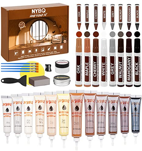 NYBQ Wood Furniture Repair Kit - Set of 41-Pieces: Wood Repair Kit, Fillers, Putty, Touch Up Markers, Crayon - Restore Scratches, Cracks, Holes on Floor, Table, Door, Cabinet