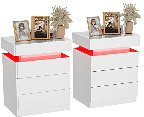 PIPIPOXER 2er Set Nachttisch mit LED Beleuchtung, Beistelltisch in weiß mit großen Stauraum,Nachttische aus Holz mit 3 Schubladen Nachtschrank für Wohnzimmer,Schlafzimmer,Bett Weiß 45x35x61cm