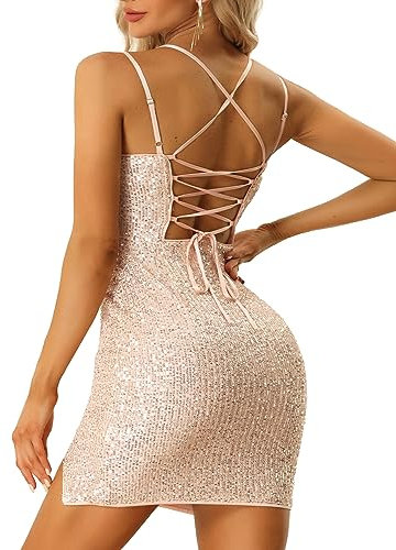 Allegra K Lace Up Sequin Dress for Women Spaghetti Straps Cocktail Party Mini Dress Rose Gold S