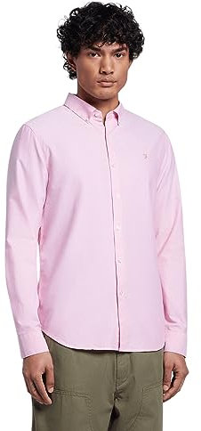 Farah - Men's Oxford Shirt, Brewer Slim Fit Organic Cotton, Long Sleeve, Casual or Work Shirt, Coral Pink, XS