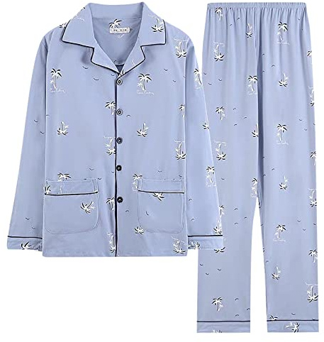 LOIJMK Ensemble pyjama imprimé en coton pour homme, col en V, grandes tailles, vêtements de nuit, pyjamas, chemise et pantalon avec poches à boutons