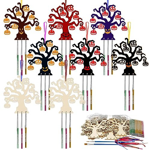 WEDNOK 9 Stück Halloween Baum Windspiel Kit für Kinder Machen Sie Ihr eigenes Windspiel Holz Kunst und Handwerk DIY für Mädchen Jungen Färbung Halloween Hängende Ornamente Halloween Party Dekorationen