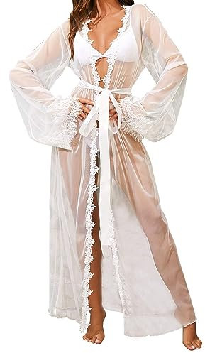 ROSVAJFY Women’s Sheer Mesh Lingerie Robe See Through Long Kimono Lace Trim Long Bridal Robe Dressing Gown Sleepwear Nightwear Swimsuit Bikini Cover Up Cardigan with Satin Belt (White)