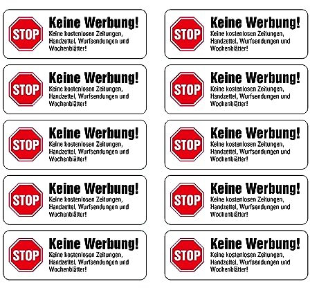10 x Brandengel® Keine Werbung Aufkleber - Schild weiß extra Starke Folie Sticker (Stop Keine Werbung ! Keine Kostenlose Zeitung, Handzettel, Wurfsendungen und Wochenblätter) für den Briefkasten 10St