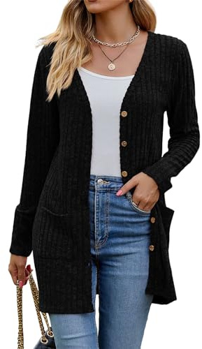 Witsmile Cardigan for Women Fall Long Sleeve Open Front Cozy Sweater Coat with Pockets Button Down Loose Outwear(Black, Medium)