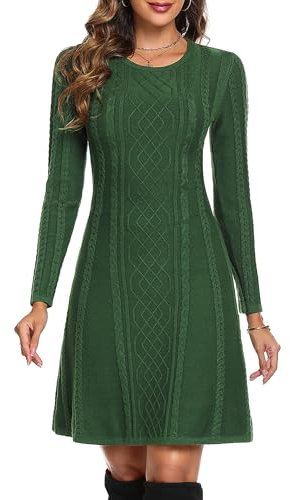 Aottori Green Dresses for Women UK Long Sleeve Knitted Jumper Dress Ladies Round Neck Sweater Bodycon Dress Winter Pullover Party Dress Dark Green M