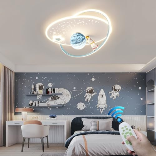 RuiRfh Kronleuchter Dimmbare Schlafzimmerlampe Cartoon Kreative Deckenlampe Blaues Glas Mond Lampenschirm Harz Astronaut Deckenleuchte LED Innenbeleuchtung Wohnzimmer Restaurant Kinderzimmer Lampe (C