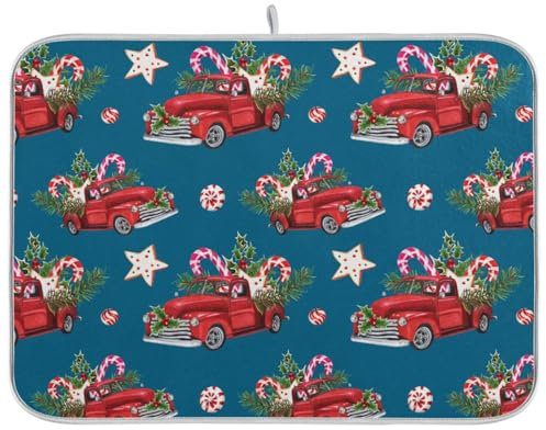 Weihnachtsspielzeug Modell LKW beladen mit Süßigkeiten Matte für Geschirr Trocknen Rack Theke Matten für Küche Geschirr Abtropfgestell Matte Geschirrtrockner Matten 40,6 x 45,7 cm