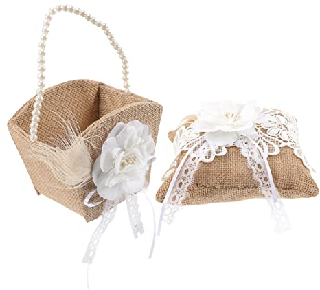 AOKWAWALIY 1 Set Hochzeitsringkissen, grünes Kissen, dekoratives Kissen, Jutekorb, rustikaler Blumenmädchenkorb, Jute, Ringkissen, Zeremonie, Blumenmädchen, Ringdichtung, Stoff, Griff, Braut