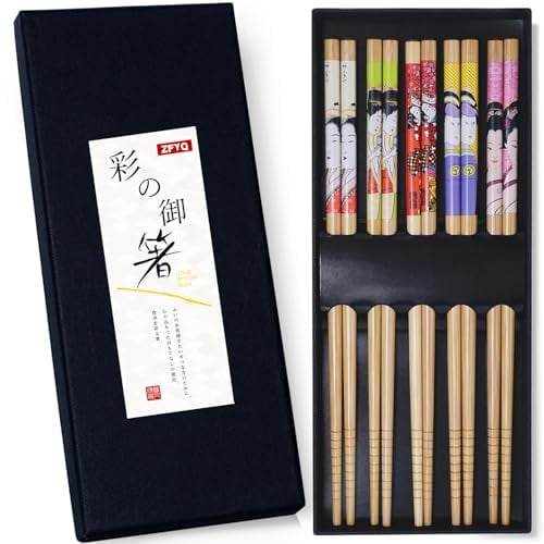 ZFYQ Bacchette Set, 5 Paia Bacchette di Bambù Naturale Stile Giapponese con Confezione Regalo, Design Antiscivolo, per Principianti Famiglia Ristorante