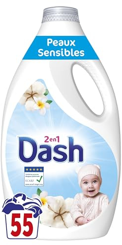 Dash 2en1 Lessive Liquide, 55 Lavages, Peaux Sensible, Nettoie Délicatement Et Parfume, Testé dermatologiquement, Élimine Les Saletés et Taches Incrustées, Fabriqué en France 2475 ml