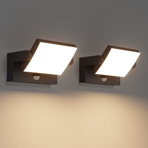 Klighten 2 Stück 24W Außenwandleuchte Aussenleuchte mit Bewegungsmelder IP65 Wandleuchte Innen Außen Wandlampe mit Schwenkbar LED Panel, Außenlampe für Balkon Eingang, Schwarz, Warmweiß 3000K