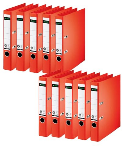 Leitz Qualitäts-Ordner 180°, 10er Pack, A4, schmal, 5,2 cm Rückenbreite, Spezialpapierkaschierung in Leinenprägung, Blauer Engel, Hellrot, 10080020