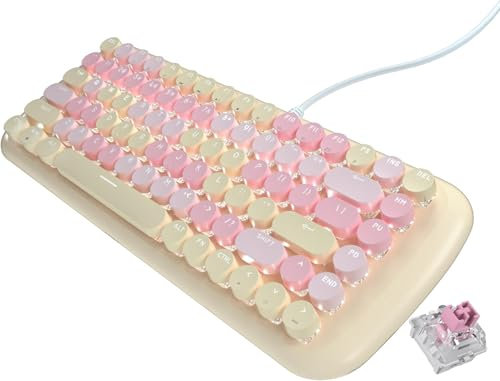 guismous Cute Wired Mechanical Keyboard for Girls with White Backlit, 10 Lighting Effects, Portable 84-Key Round Keycaps Keyboard, Typewriter Style Retro Punk Gaming Keyboard (Milk Tea)