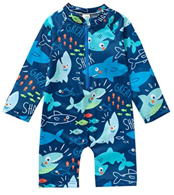 Carolilly Maillot de Bain Bébé Garçon Anti-UV Combinaison de Bain Manches Longues Costume de Bain Piscine Natation Plage Swimwear Protection Solaire (Bleu Marine, 3-4 Ans)
