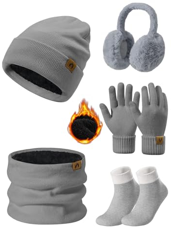 UMIPUBO Mütze Schal Handschuhe Damen Winter Set Wintermütze Fleece Gefütterte Beanie Loop Schlauchschal Wärmer Touchscreen Plüsch Ohrenwärmer Verdickte Ohrenschützer Socken-5 Stück Set,Grau
