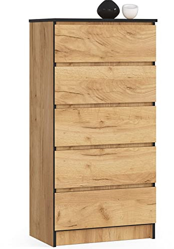 Home Collective Kommode in Eiche mit 5 geräumigen Schubladen, 60 cm breit, 121 cm hoch Kommode Schlafzimmer Flur Wohnzimmer Organizer mit Schubladen Holz Highboard Sideboard Schrank