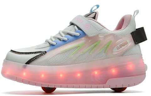 Mateju Schuhe mit Rollen für Mädchen Jungen Kinder Rosa Rollschuhe Schuhe mit 2 Rollen, Damen Herren 2 in 1 Turnschuhe Versenkbarer Roller Schuhe Turnschuhe Skateboardschuhe 41 EU