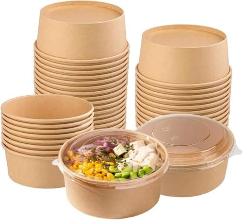 encase 50 X 500ml / 18oz Disposable Salad Bowls with Lids Freezer and Microwave Safe for Takeaway Kraft Food Container