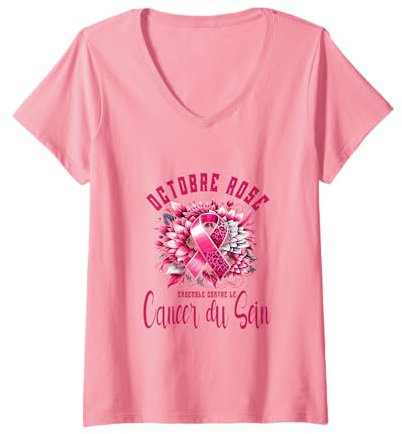Femme Ruban rose cancer du sein octobre rose femme tee pull cadeau T-Shirt avec Col en V