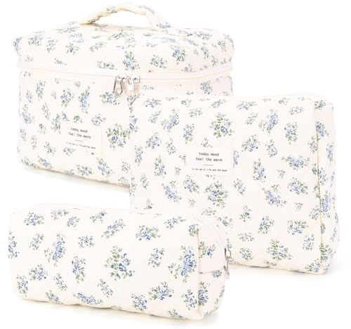 Lot de 3 Trousse de Toilette Matelassée Femme en Coton Doux, Trousse de Maquillage Fleurie, Trousse à Cosmétiques Matelassée à Fermeture Éclair, Trousse de Toilette Voyage de Grande Capacité (O)