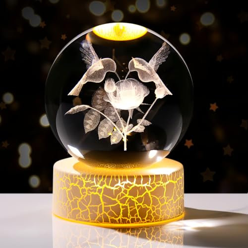 Arikyrist 8cm K9 Crystal Ball Engraved 3D Hummingbirds and Rose Figurine Gifts for Women, 3.15 Glass Bird Rose Decor Ball with LED Light Stand Home Office Paperweight Ornament
