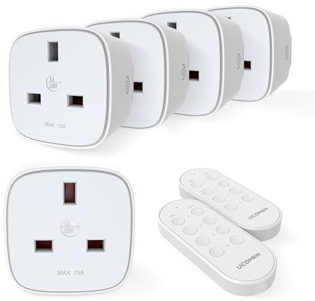 UCOMEN Remote Control Plug Socket, Wireless Remote Control Light Switch with 30m/100ft Operating Range,Remote Control Outlet Socket UK 13A/3120W,5 Pack Sockets and 2 Remotes