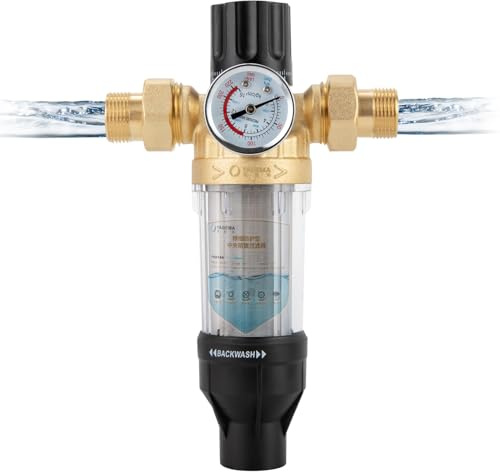 Wasserfilter Wiederverwendbare mit Manometer, Rückspülfilter Wasserfilter Filter Messing Wasserhahn Feinfilter 1/2 Druckmesser für Flexible Verbindung