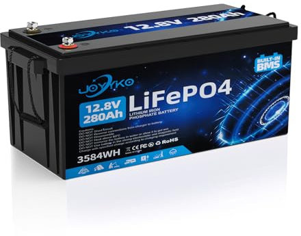280Ah 12V Lithium Batterie,Batterie 280Ah 12V LiFePO4,15000 Cycles, Batterie 280Ah 12v LiFePO4,Avec Smart BMS,Protection Basse Température,Pour Camping Car,Systèmes Solaires,Bateaux,Ménages,Camping