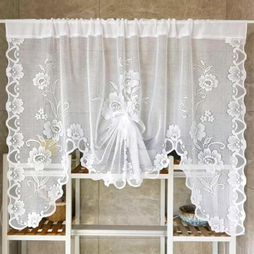 Lace Valances for Windows 1 Panel Semi-Sheer Net Curtains Rod Pocket Floral Patterned Boho Farmhouse Short Curtains Swag for Closet Kitchen Bedroom Living Room Cafe