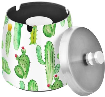 Edelstahl-Aschenbecher mit Deckel für Zuhause, Büro, Dekoration, Aquarell, Kaktus, nahtloses Muster, Rauchaschenbecher mit Abdeckung für Zuhause, Büro, Outdoor, Balkon, niedlich, rauchfrei