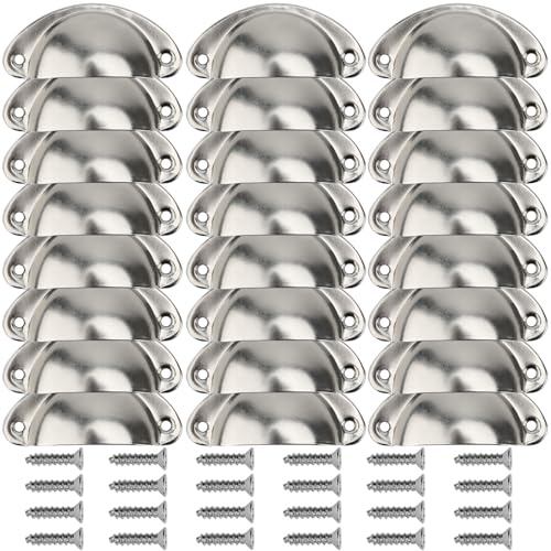 JIEHIN 24 Stück Möbelgriffe Muschelgriffe Silber, Vintage Möbelknöpfe Schubladengriffe mit Schrauben, Metall Schrankknöpfe Halbrunde Muschelgriffe für Schubladen Küche Schrank
