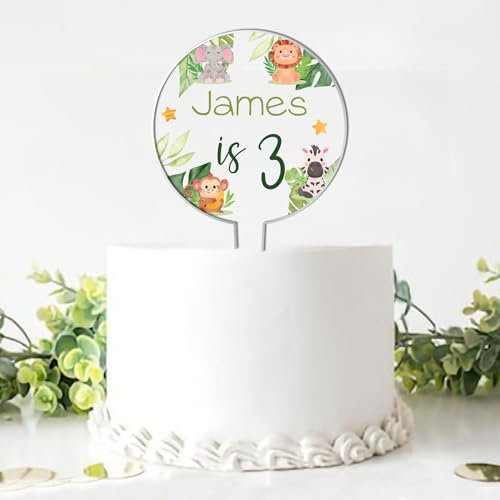 Personalised Jungle Birthday Cake Topper – Custom Name & Age – Acrylic Safari Animal Theme Cake Decoration – Party Accessory – Bright Fun Cake Decor for Children’s Birthday (Jungle)