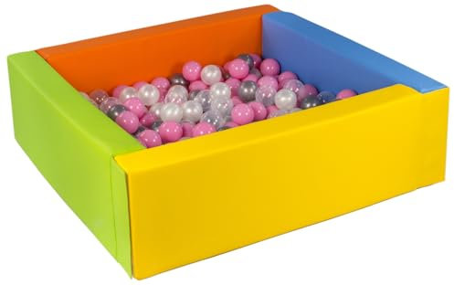Velinda Piscine à balles carrée avec 200 balles, Cuir écologique, 5 éléments (Couleur de la Piscine/de balles: Jaune, Vert, Bleu, Orange/Perle, Transparent, Rose Clair, Argent)